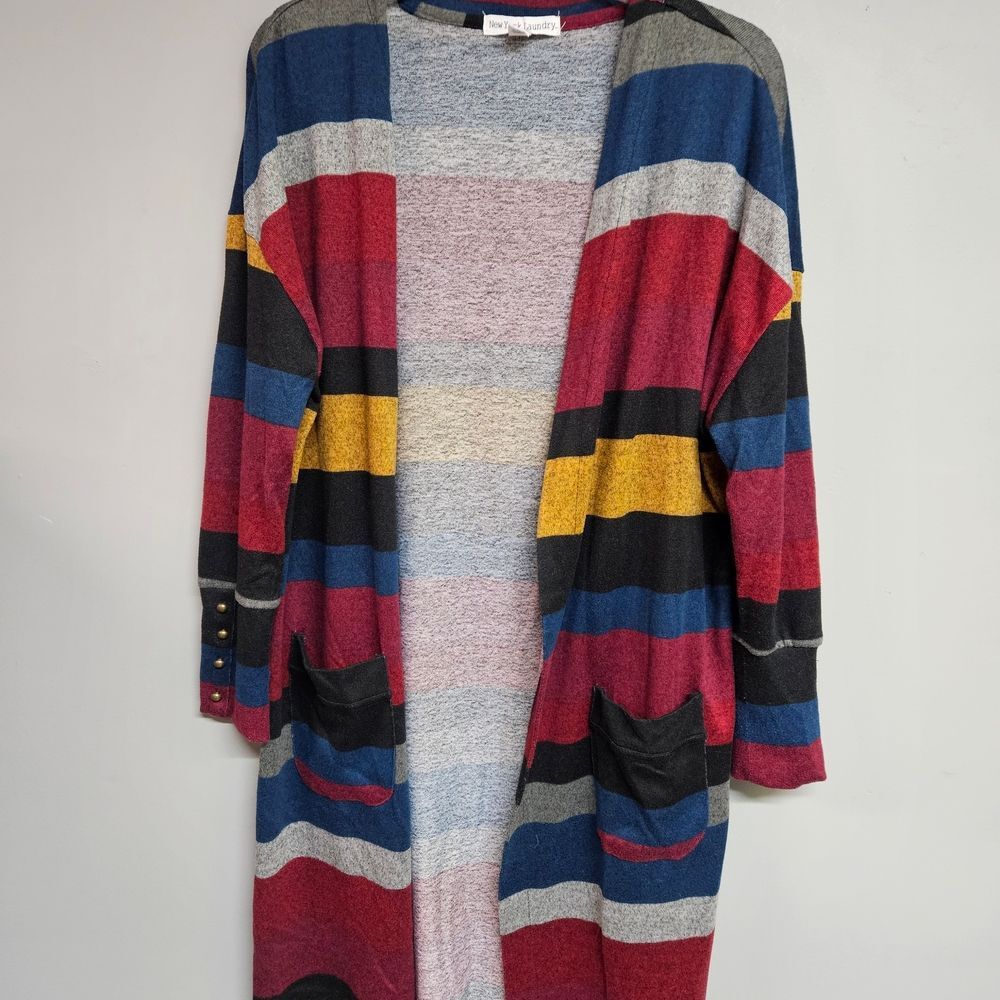 Striped Multicolor Open Front Long Sleeve 3/4 Sleeve women's Large Cardigan